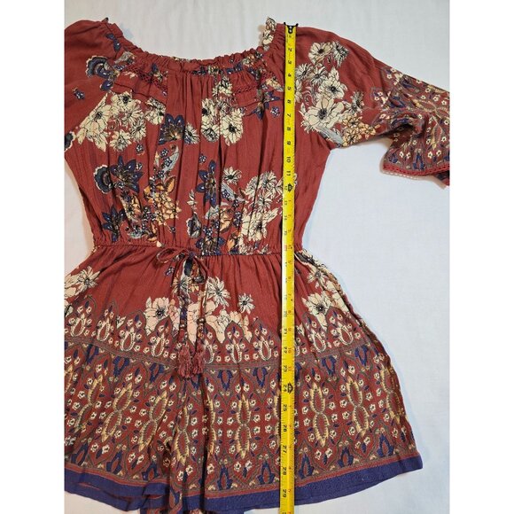 Angie Rust Floral Print Off-Shoulder Romper With Bell Sleeves & Waist Tie Size M - Picture 13 of 15